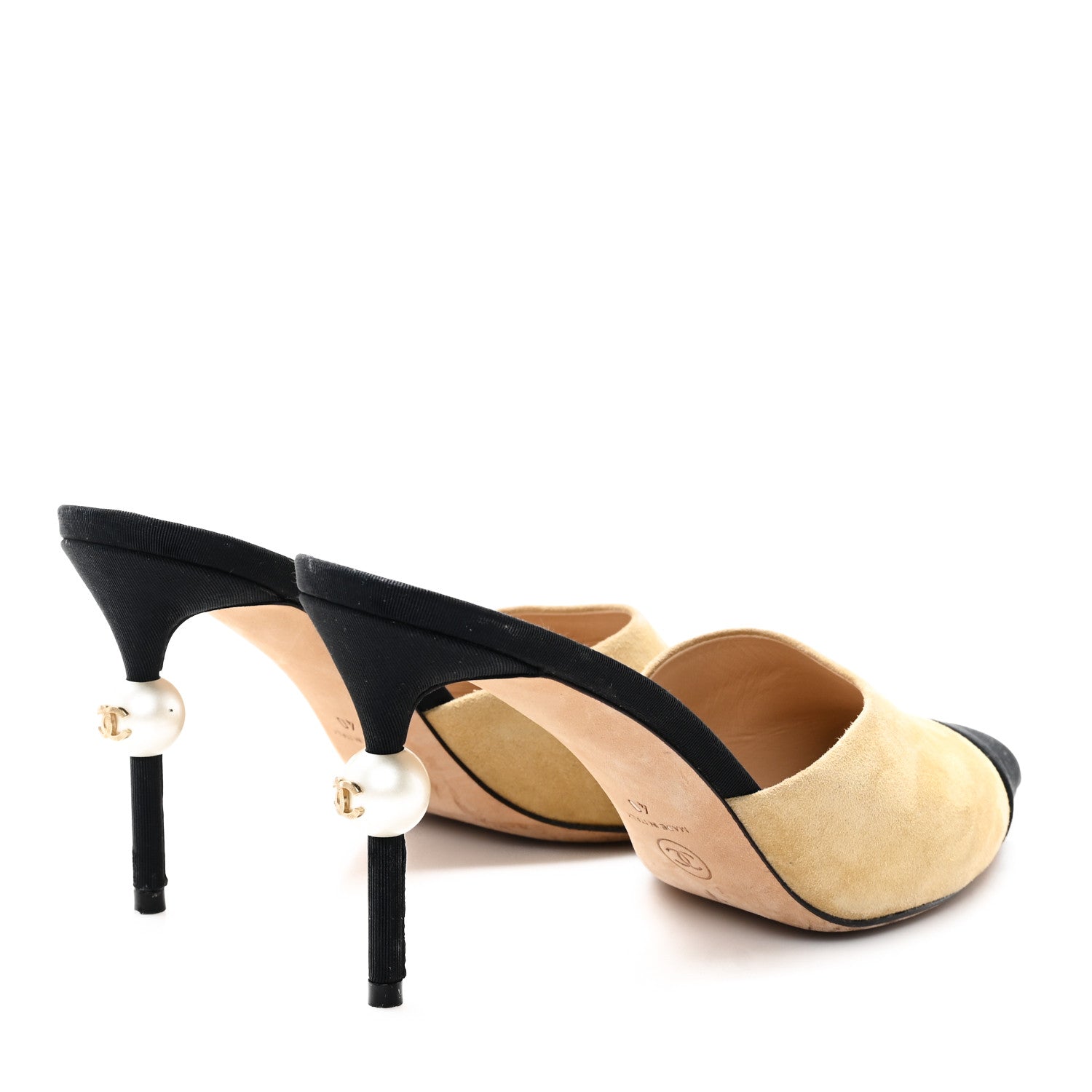 Chanel Suede Grosgrain Cap Toe CC Mules 40 Beige Black 5 of 9