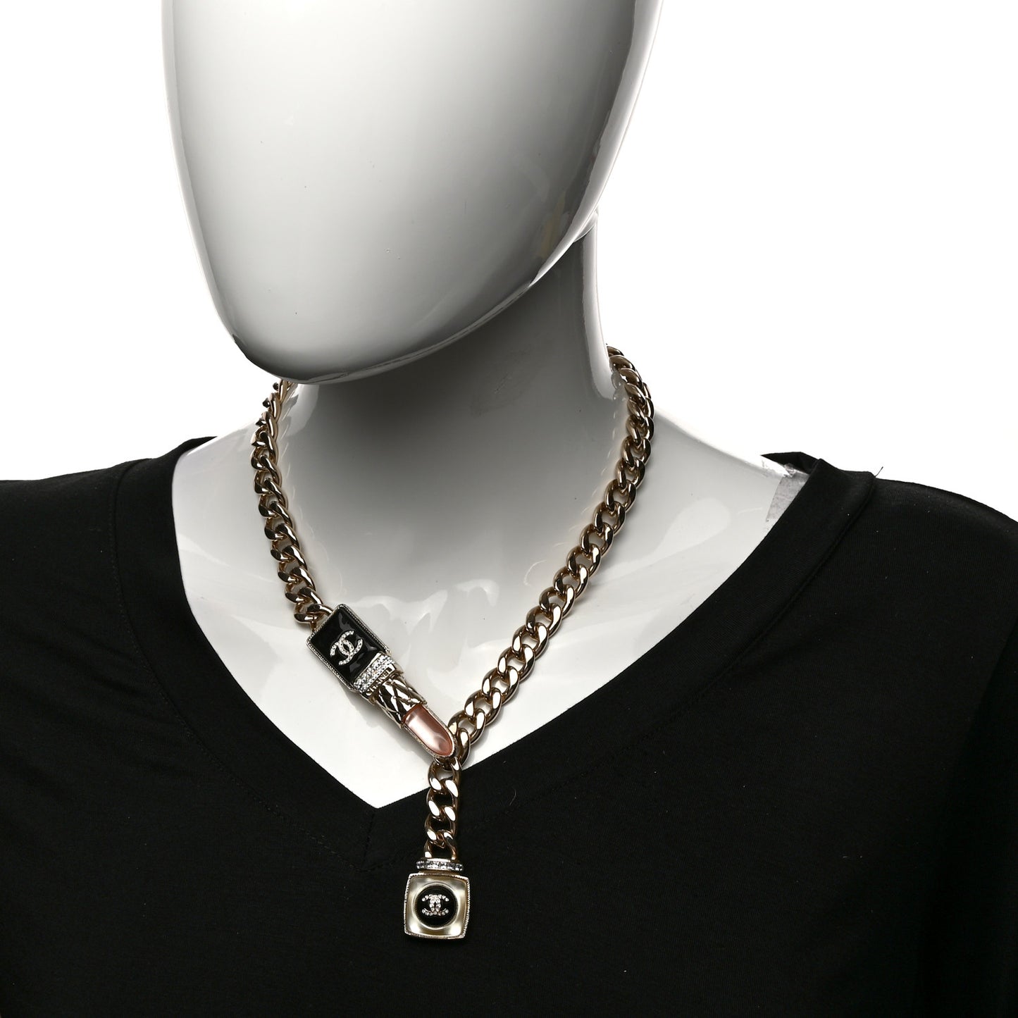 Metal Strass Pearl Lipstick Necklace Pink Gold