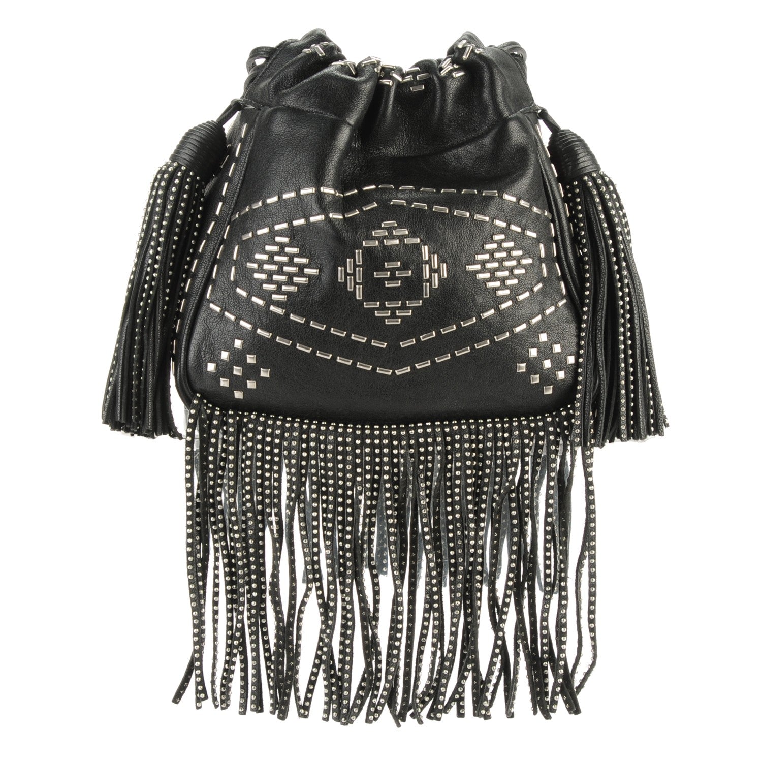 Saint Laurent Lambskin Oxidized Nickel Studded Small Helena Fringed Bucket Bag Black 1 of 7