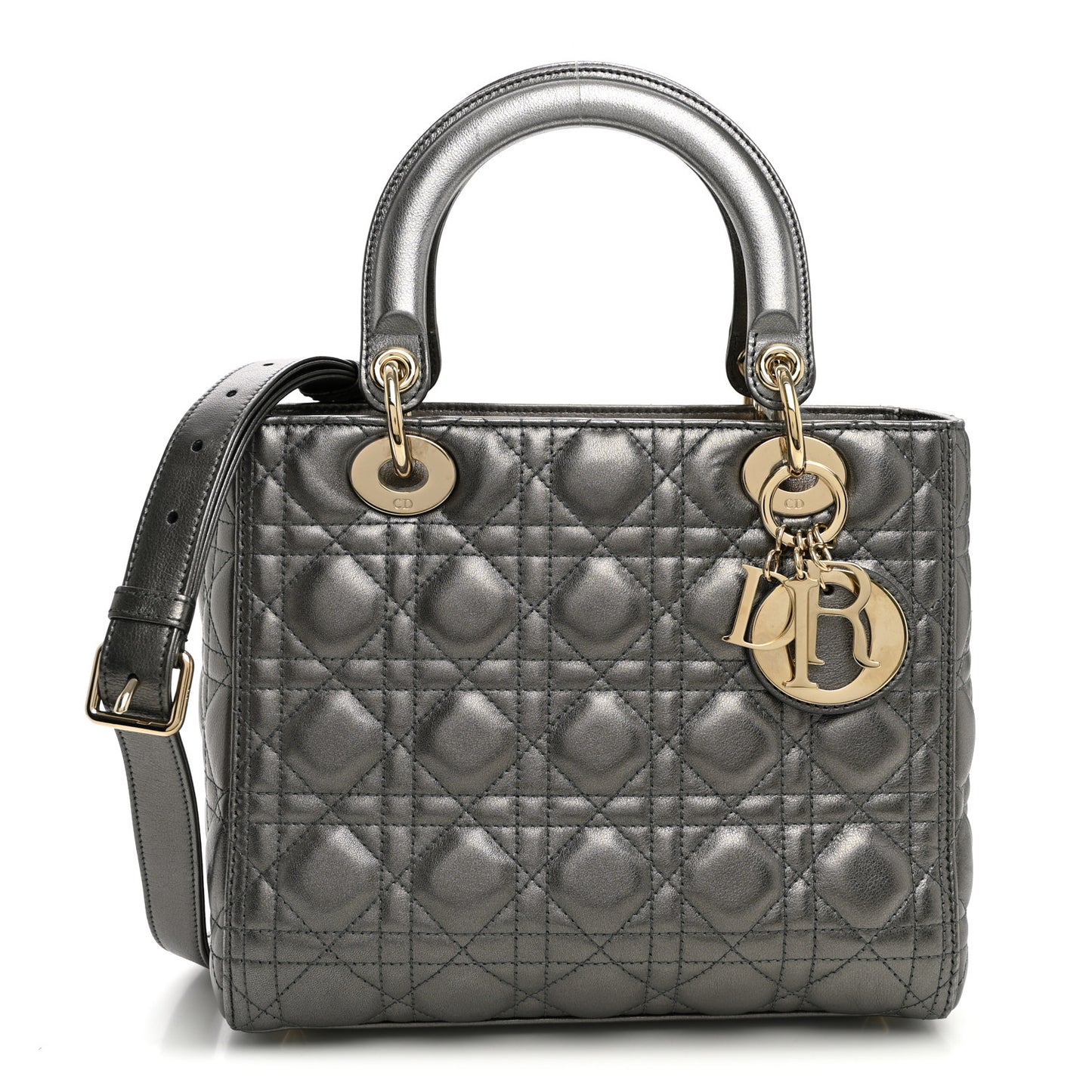 Metallic Calfskin Cannage Medium Lady Dior Gunmetal Grey