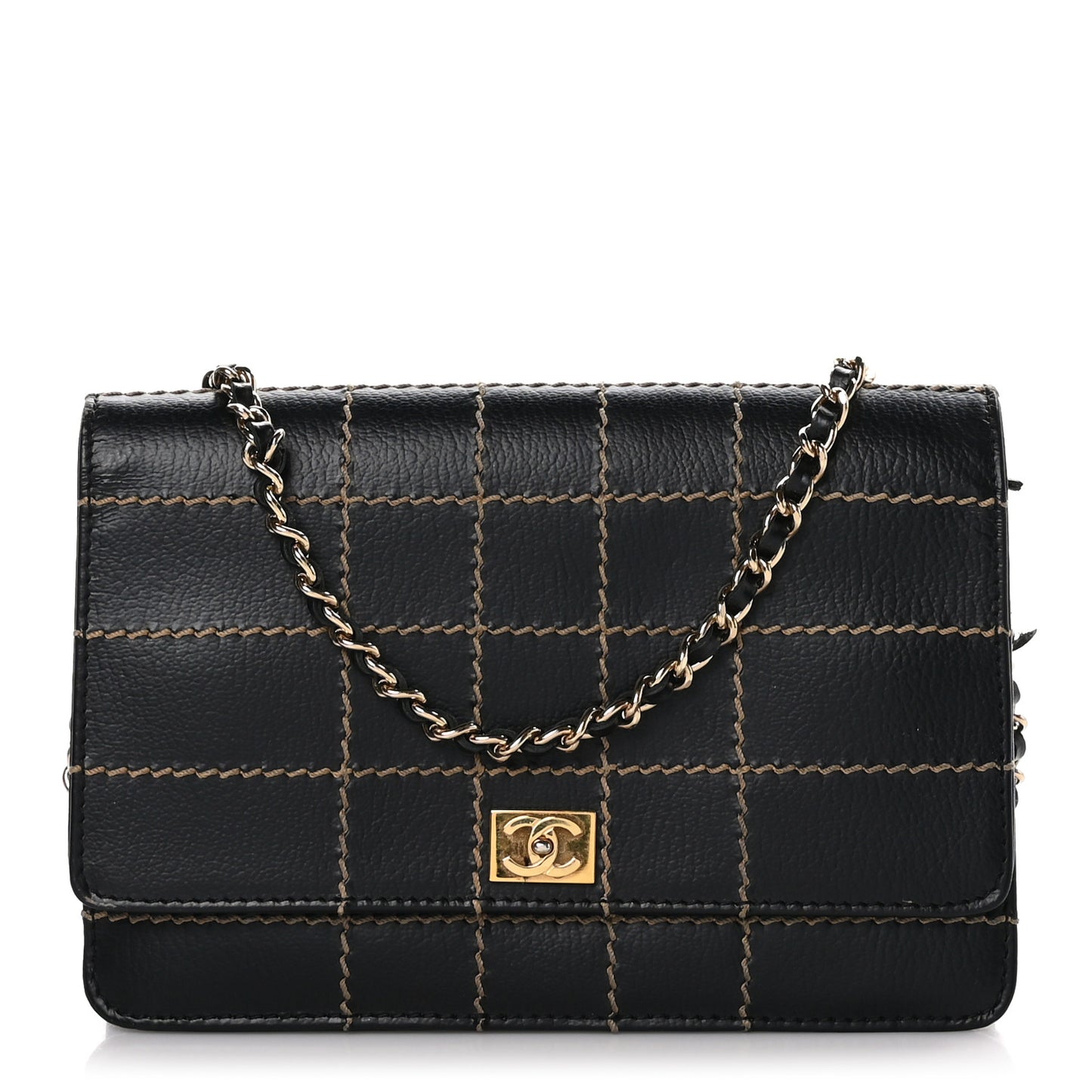 Calfskin Stitched Square Quilted Wallet On Chain WOC Black
