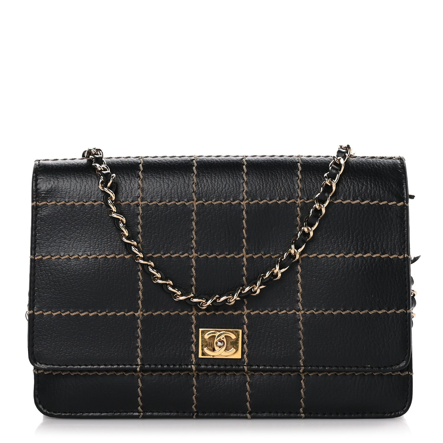Chanel Calfskin Stitched Square Quilted Wallet On Chain WOC Black 1 of 9