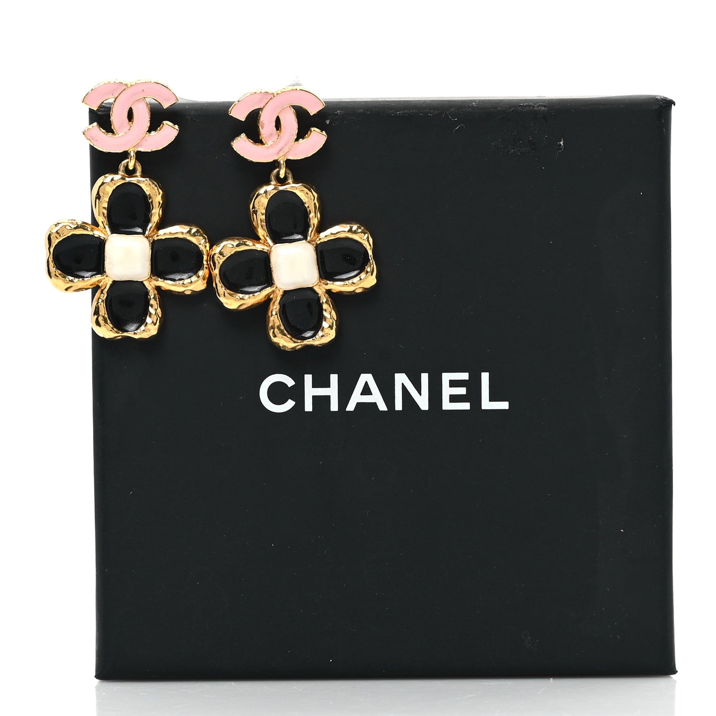 Resin Metal Glass CC Clover Drop Earrings Gold Black Pink