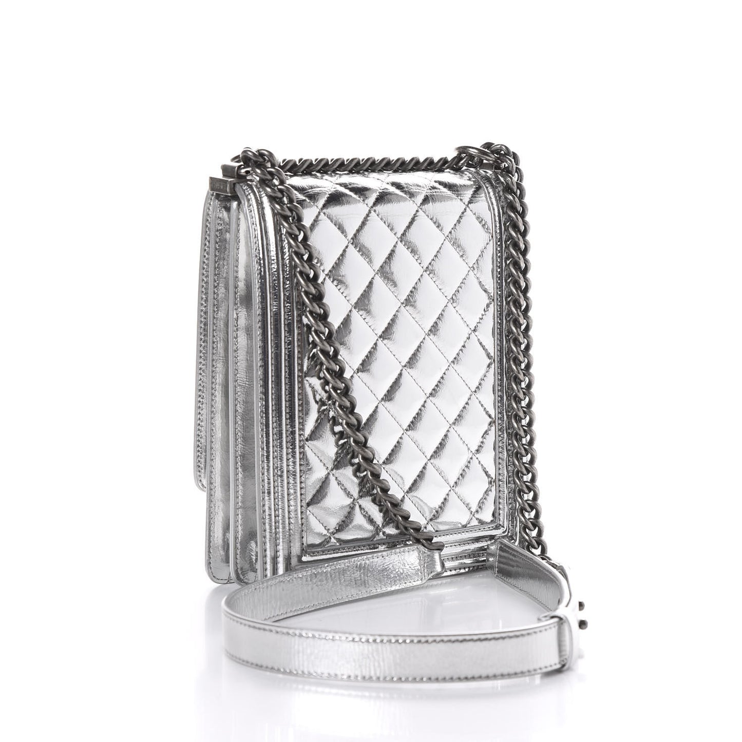 Metallic Goatskin Quilted North South Boy Flap Silver