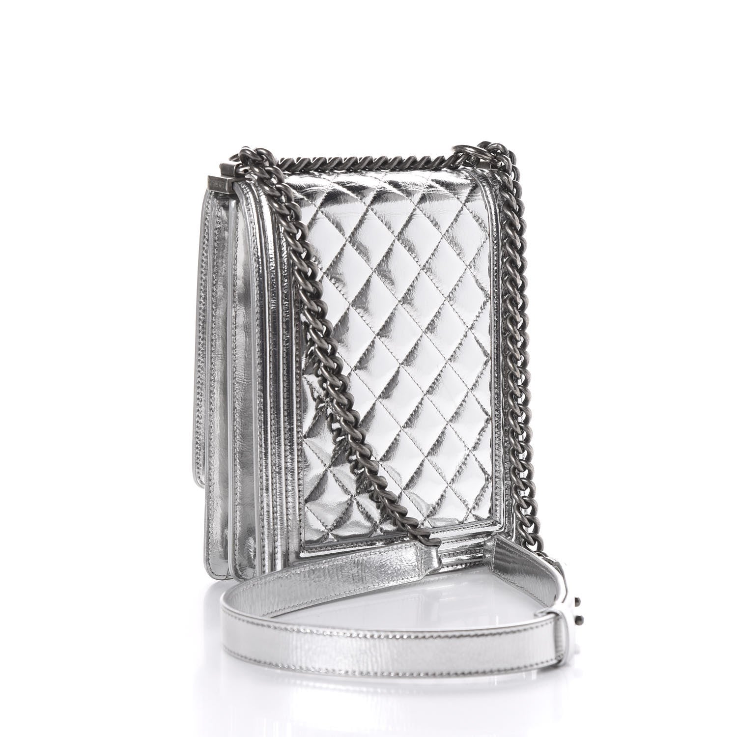 Chanel Metallic Goatskin Quilted North South Boy Flap Silver 2 of 10