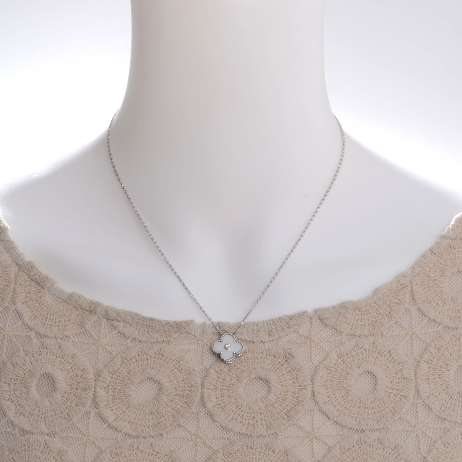 Van Cleef & Arpels 18K White Gold Mother of Pearl Diamond Single Motif Clover Alhambra Necklace 2 of 10