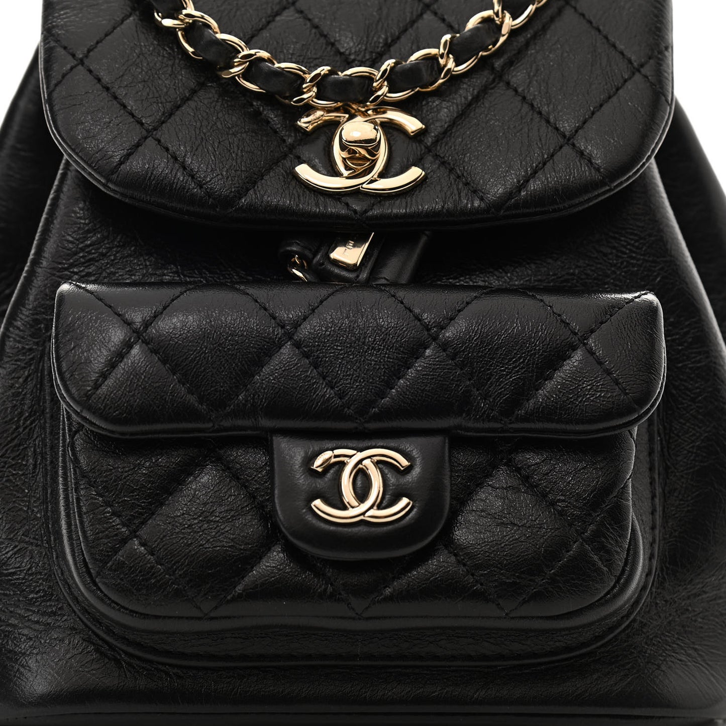 Glazed Aged Calfskin Quilted Small Duma Drawstring Backpack Black