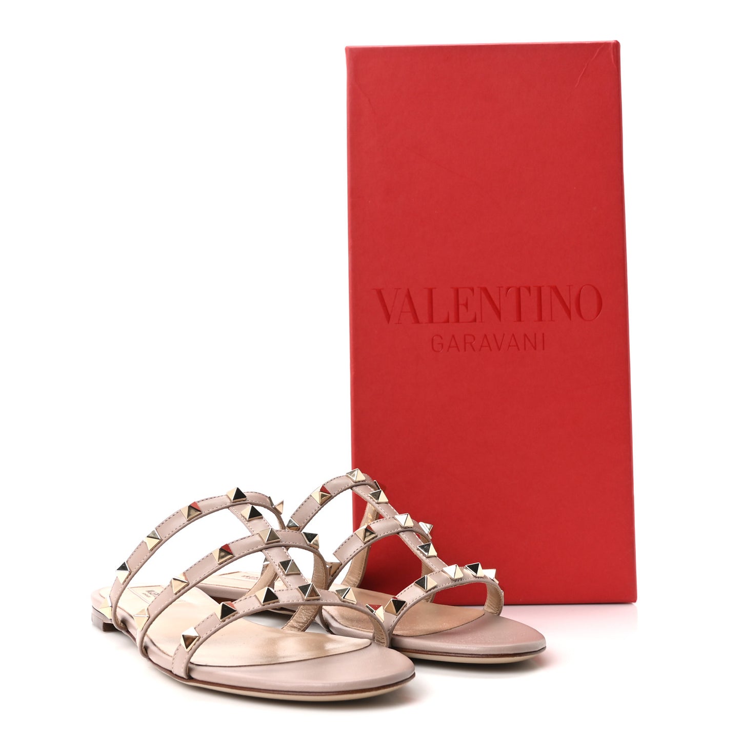 Calfskin Rockstud Caged Flat Slide Sandals 38 Poudre