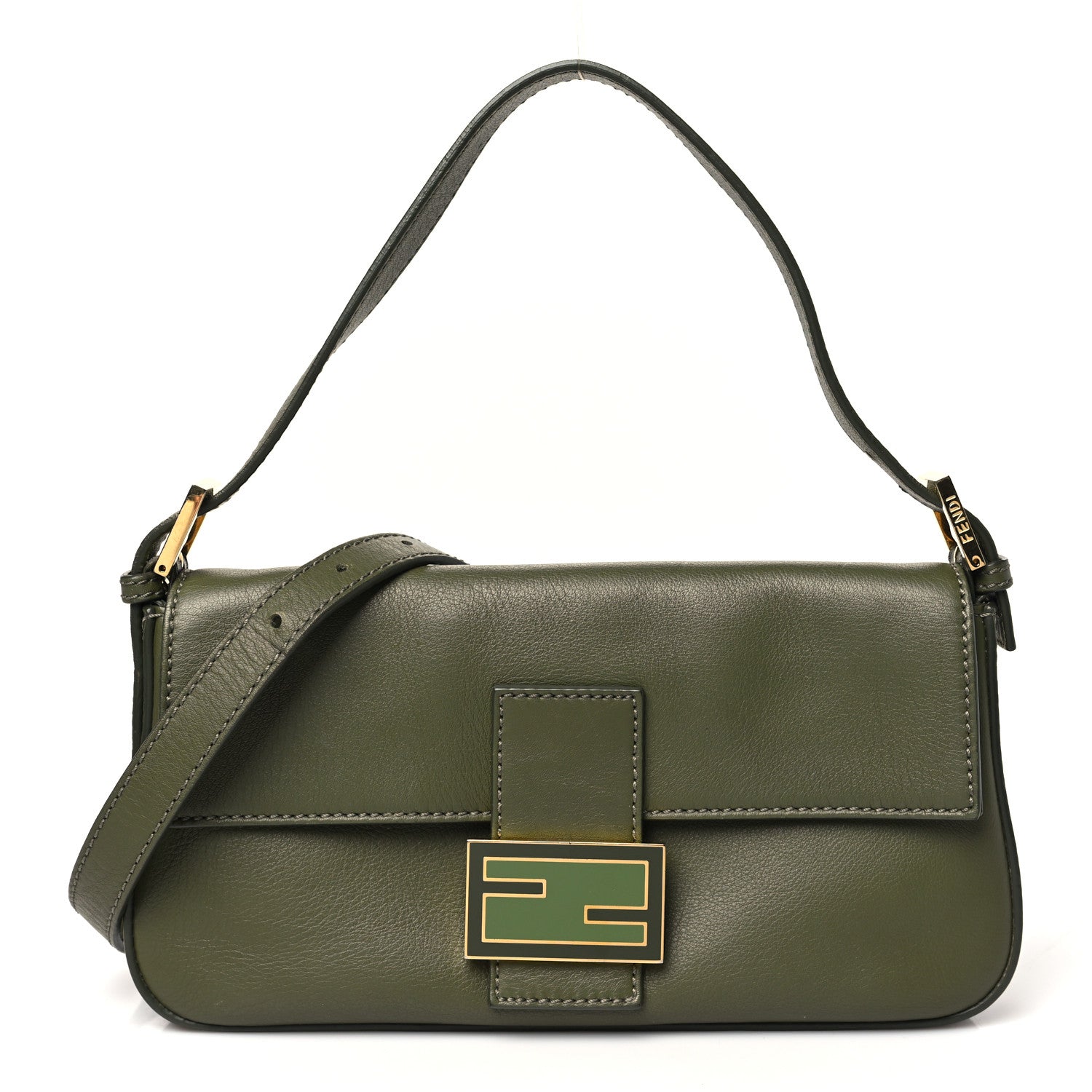 Fendi Vitello Flamingo Enamel Interchangeable Strap Baguette Verde Oliva 1 of 12