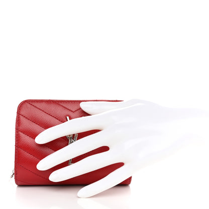 Saint Laurent Grain De Poudre Matelasse Chevron Monogram Compact Zip Around Wallet Red 2 of 9