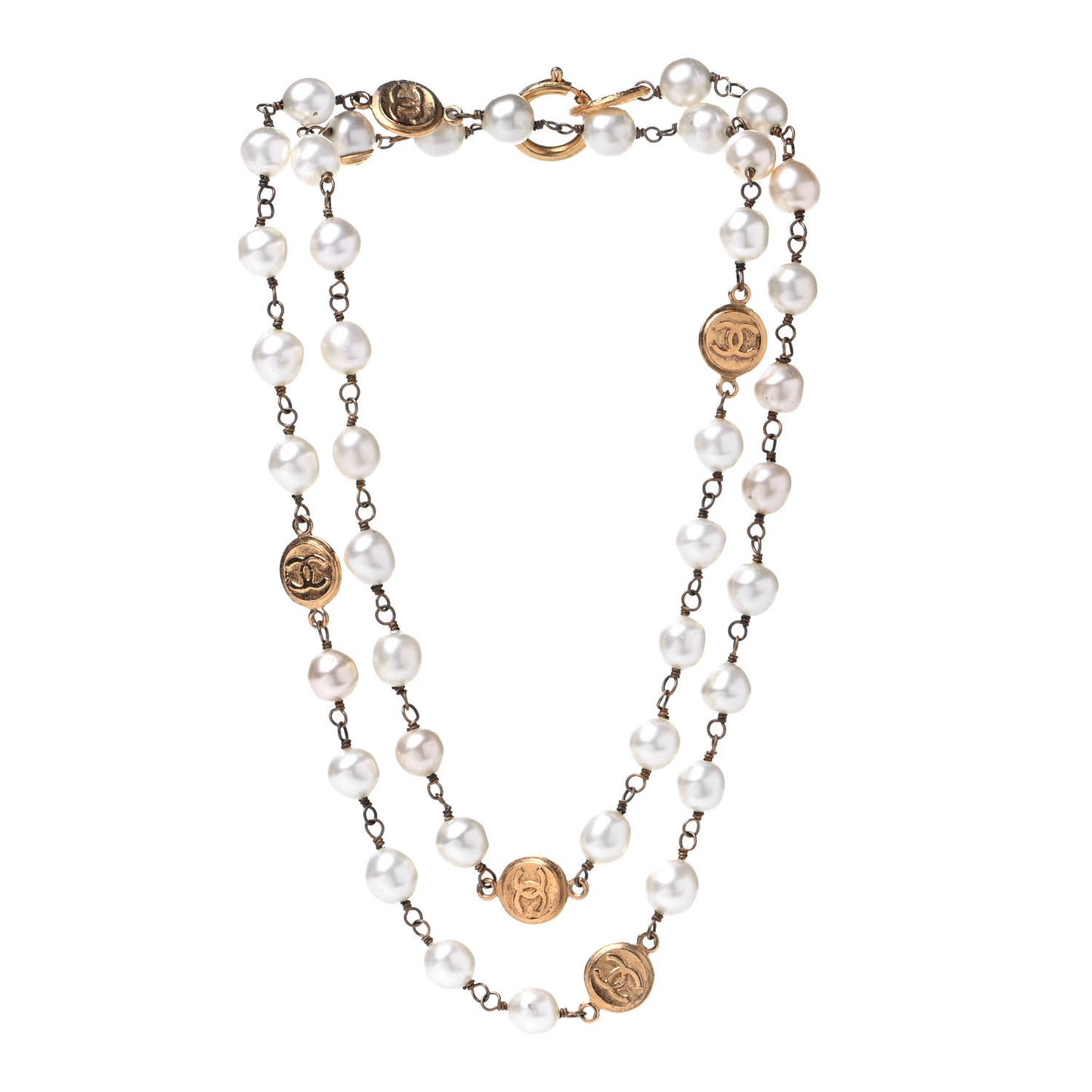 Pearl CC Medallion Long Necklace Gold