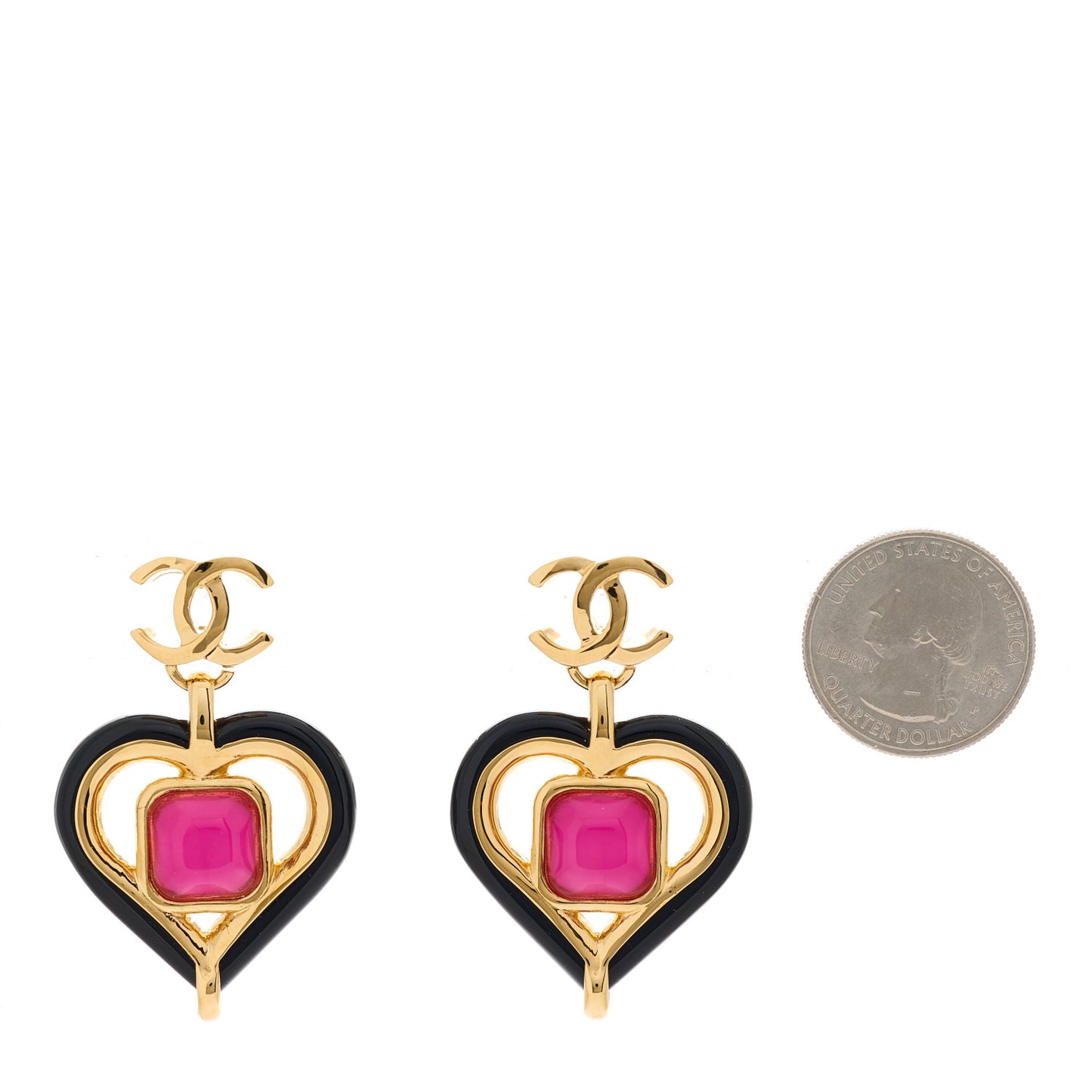 Resin Heart CC Drop Earrings Black Pink Gold