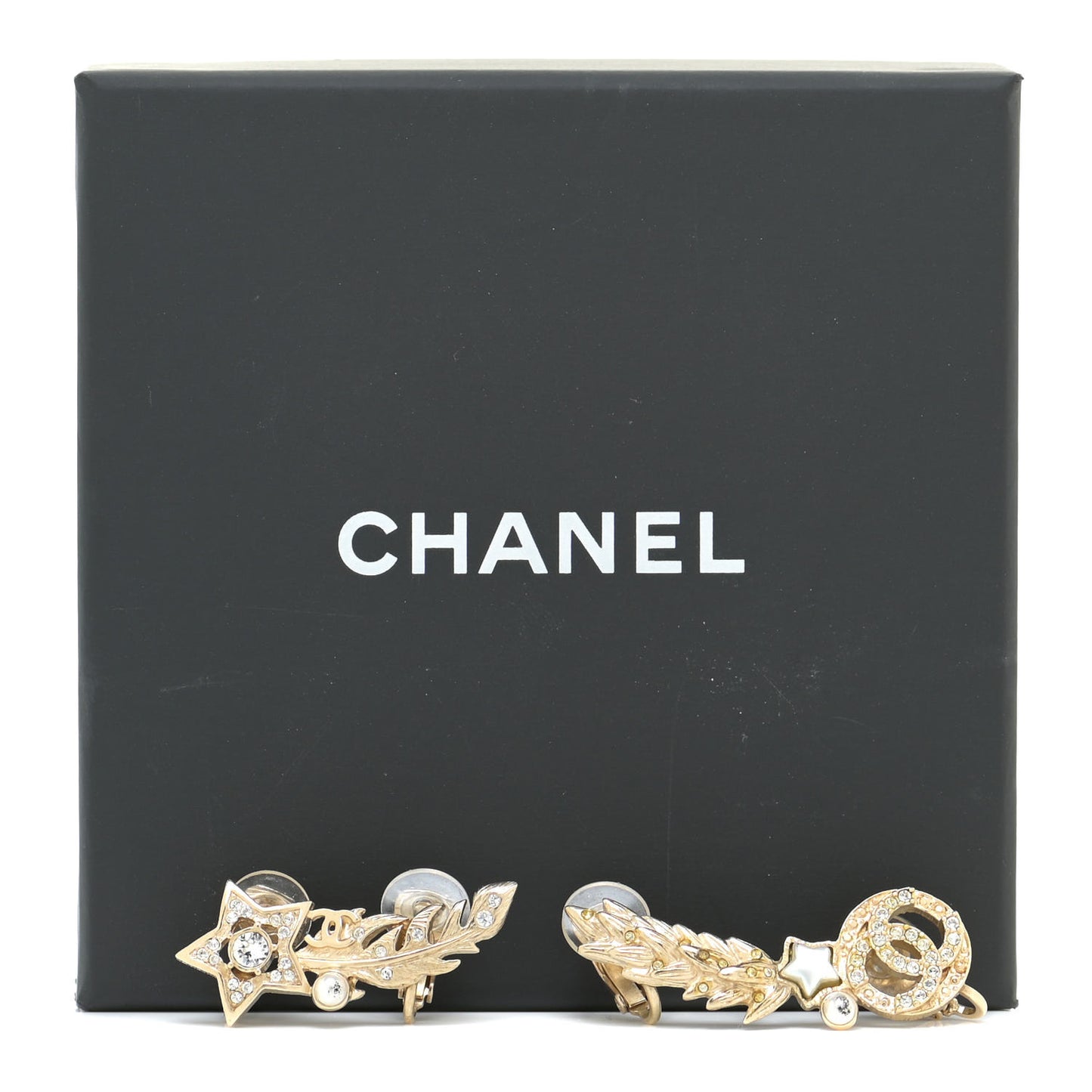 Resin Crystal Pearl Feather Star CC Clip On Earrings Gold