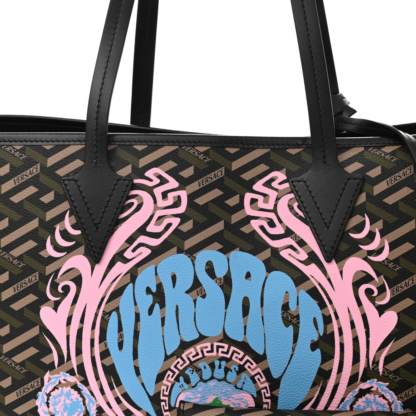 Coated Canvas Calfskin La Greca Medusa Music Signature Shopper Tote Bag Black Khaki Multicolor