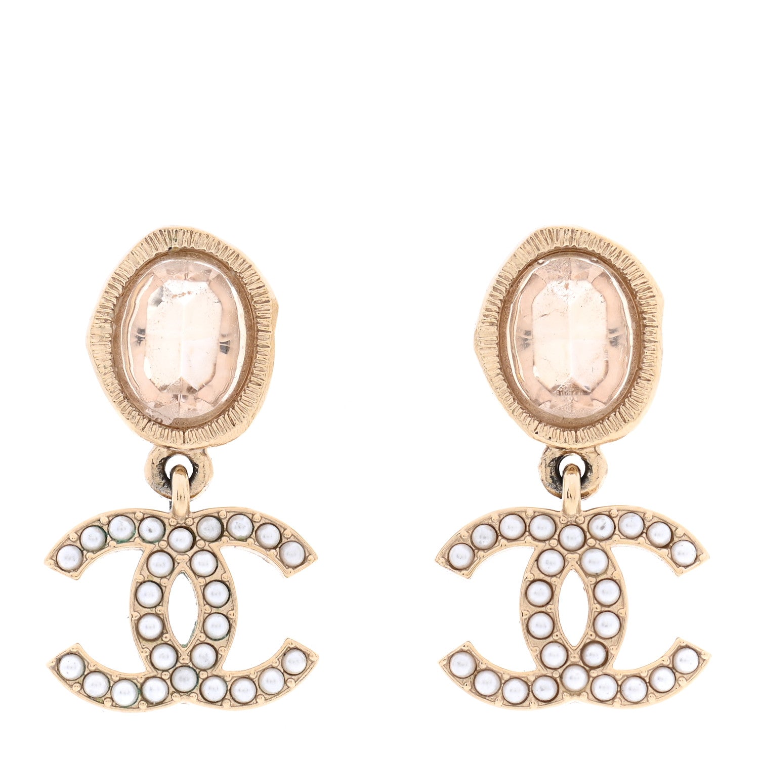 Chanel Crystal Pearl CC Drop Earrings Gold Pink 1 of 6