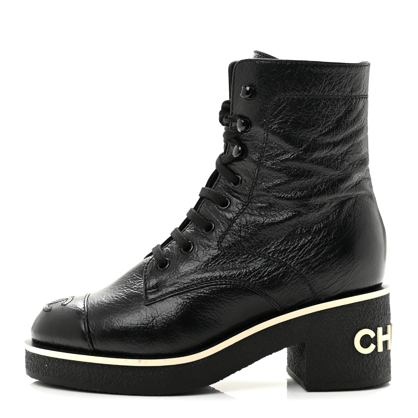 Shiny Crumpled Lambskin Lace Up Combat Boots 36 Black