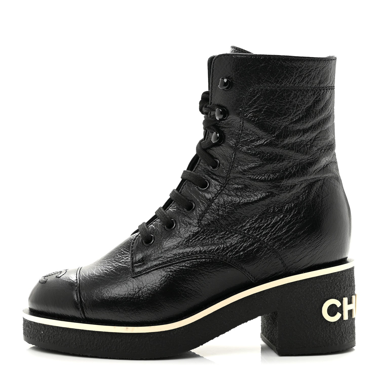 Chanel Shiny Crumpled Lambskin Lace Up Combat Boots 36 Black 1 of 11