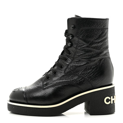 Chanel Shiny Crumpled Lambskin Lace Up Combat Boots 36 Black 1 of 11
