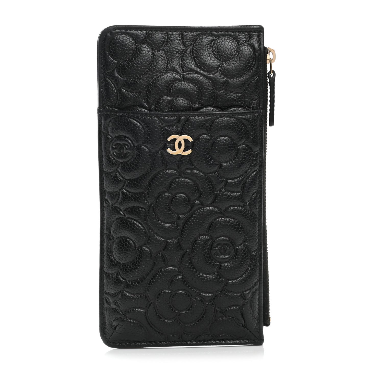 Caviar Camellia Embossed Classic Flat Wallet Pouch Black