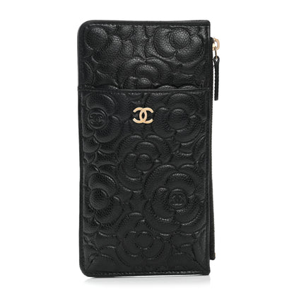 Chanel Caviar Camellia Embossed Classic Flat Wallet Pouch Black 1 of 9
