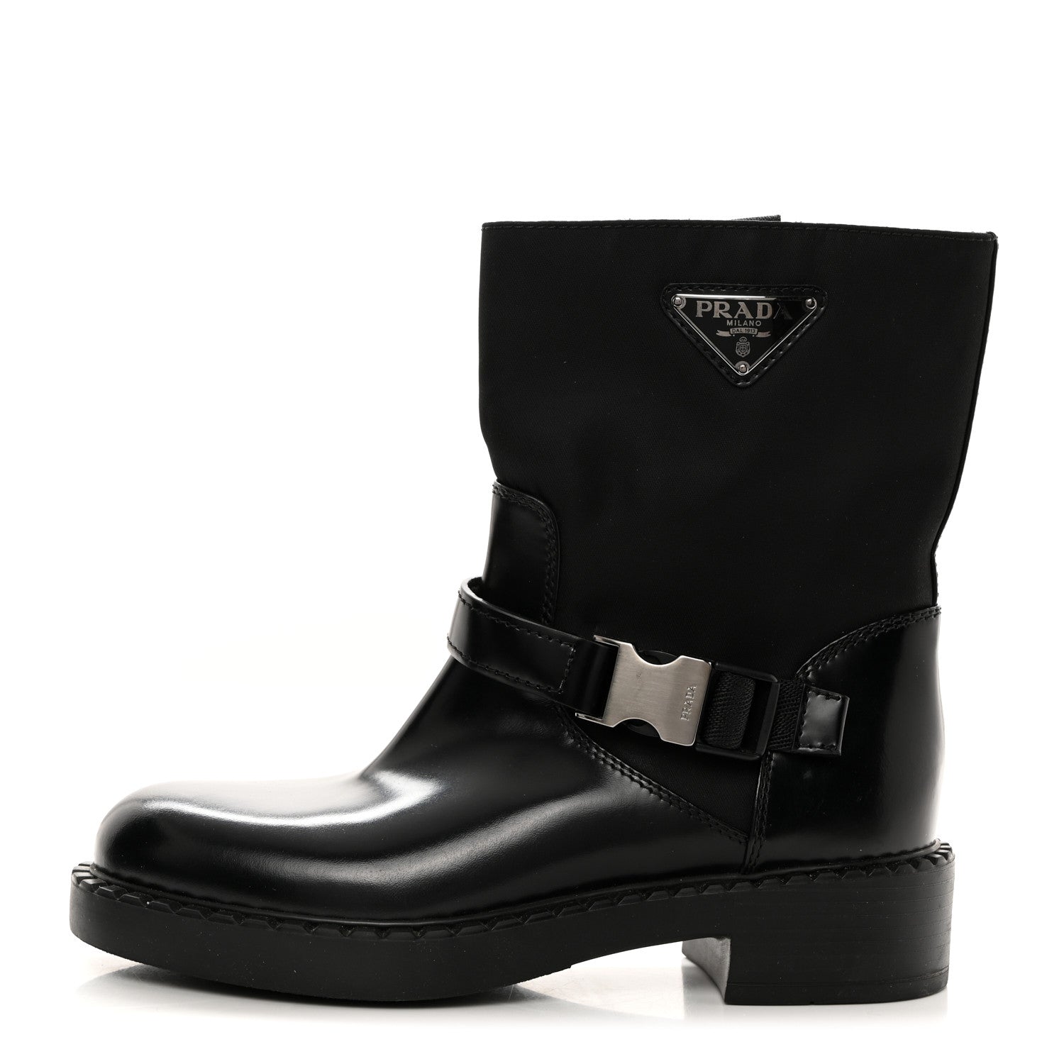 Prada Spazzolato Re-Nylon Metal Triangle Logo Buckled 50mm Biker Boots 36.5 Black 1 of 9