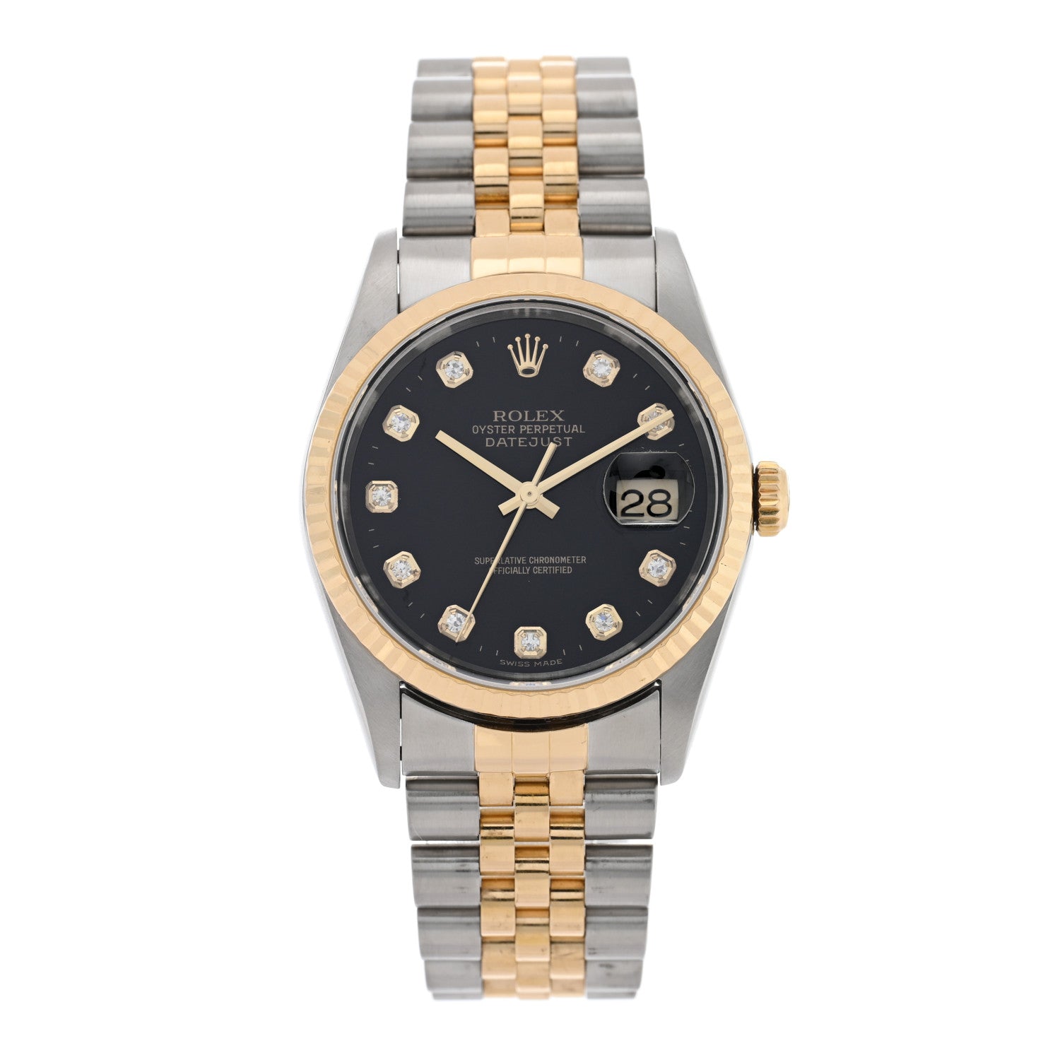 ROLEX Stainless Steel 18K Yellow Gold Diamond 36mm Oyster Perpetual Datejust Watch Black 16233