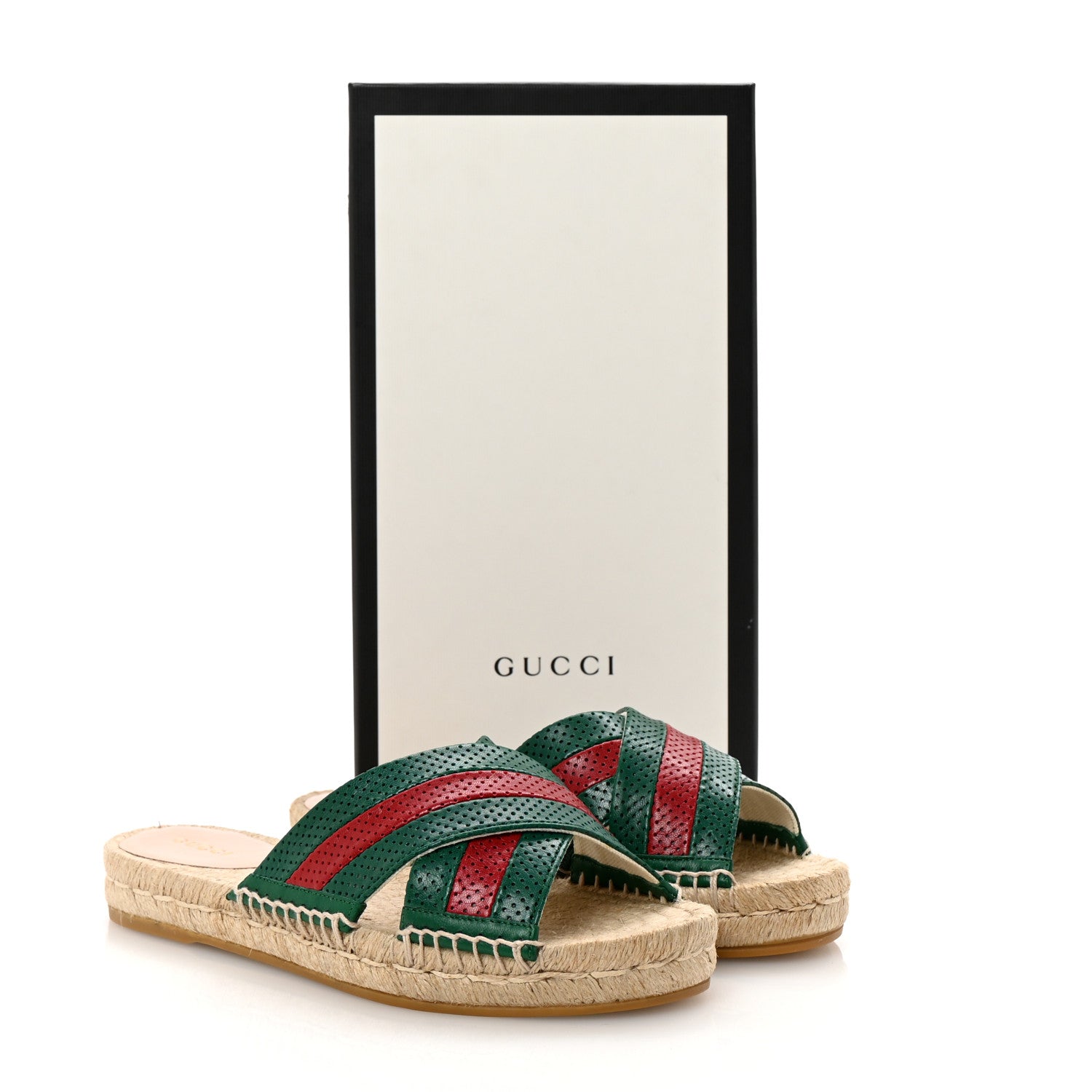 Gucci Malaga Kid Perforated Criss Cross Espadrille Slide Sandals 37.5 Emerald Hibiscus Red 10 of 10