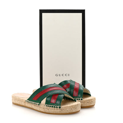 Gucci Malaga Kid Perforated Criss Cross Espadrille Slide Sandals 37.5 Emerald Hibiscus Red 10 of 10