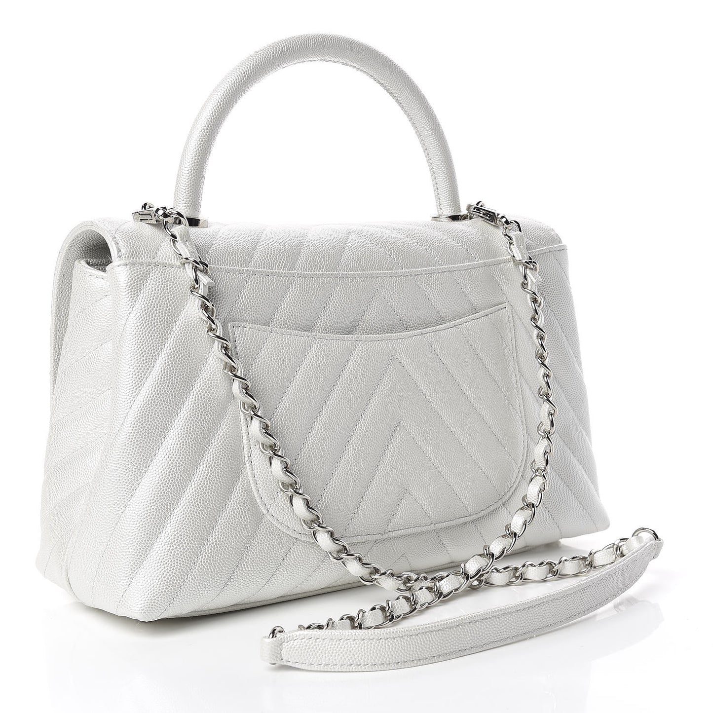 Iridescent Caviar Chevron Quilted Small Coco Handle Flap White