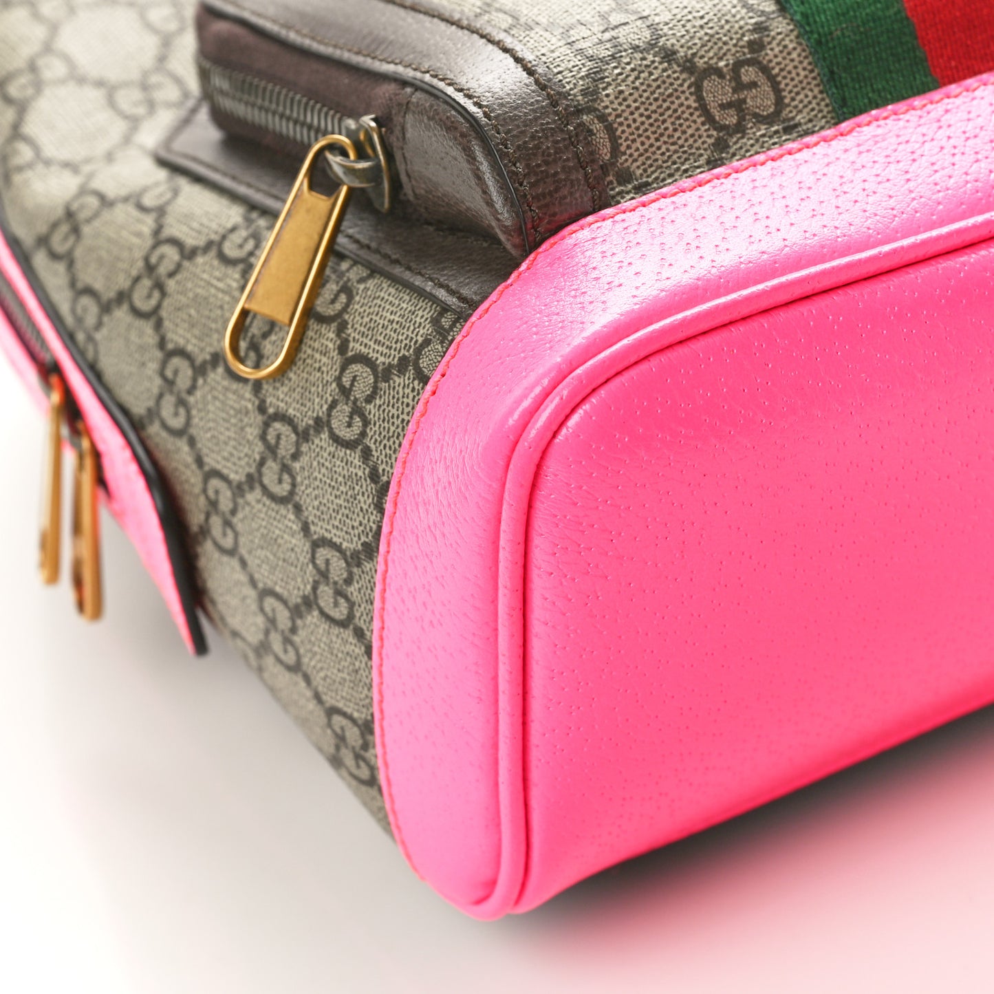 GG Supreme Monogram Textured Dollar Calfskin Web Small Ophidia Day Backpack Beige Ebony Fluorescent Fuchsia