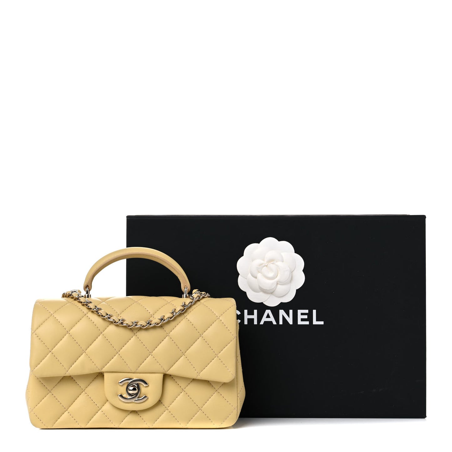 Lambskin Quilted Mini Top Handle Rectangular Flap Yellow