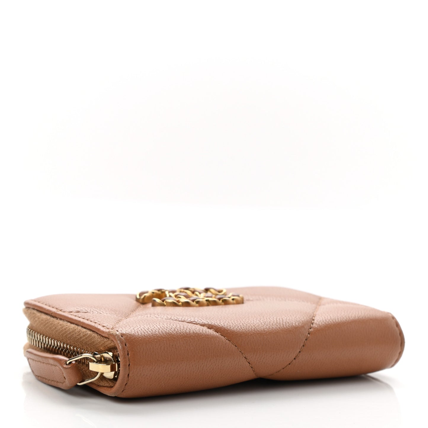 Shiny Goatskin Quilted 19 Zip Around Coin Purse Wallet Brown