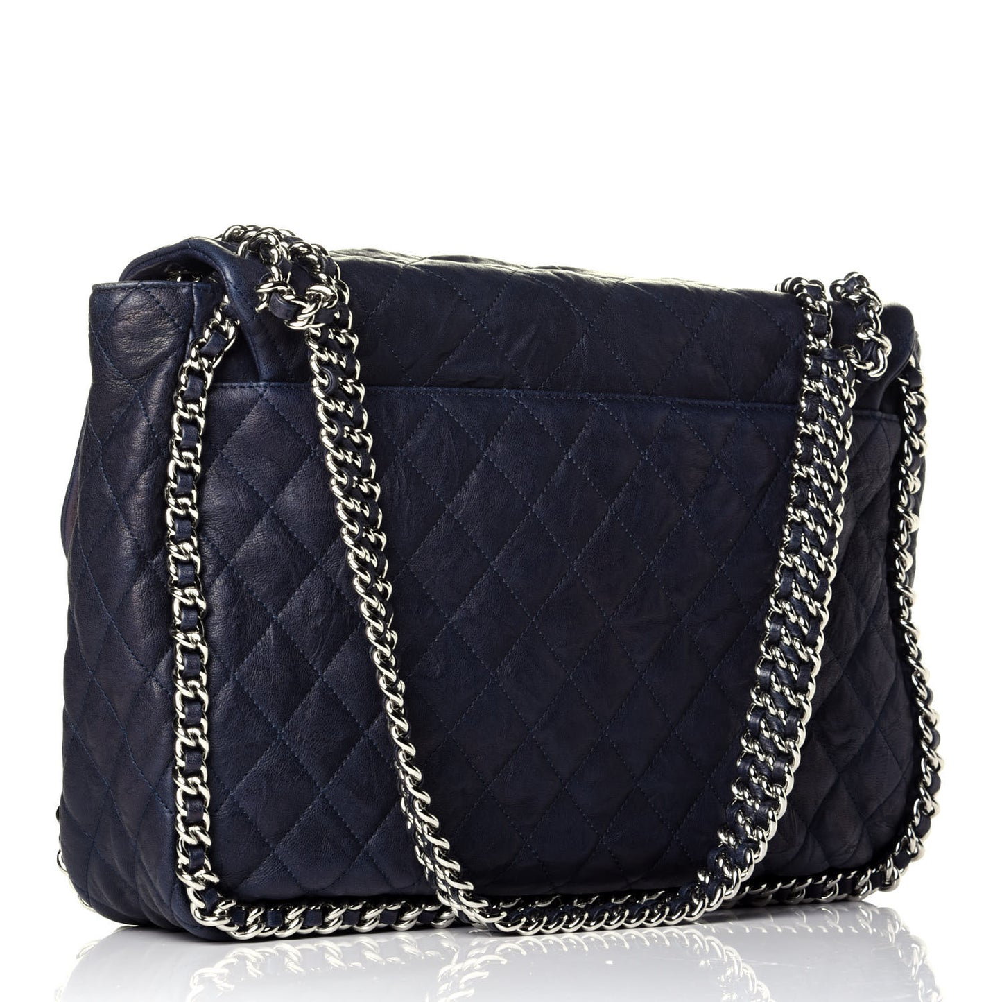 Washed Lambskin Quilted Chain Around Maxi Flap Dark Navy Blue