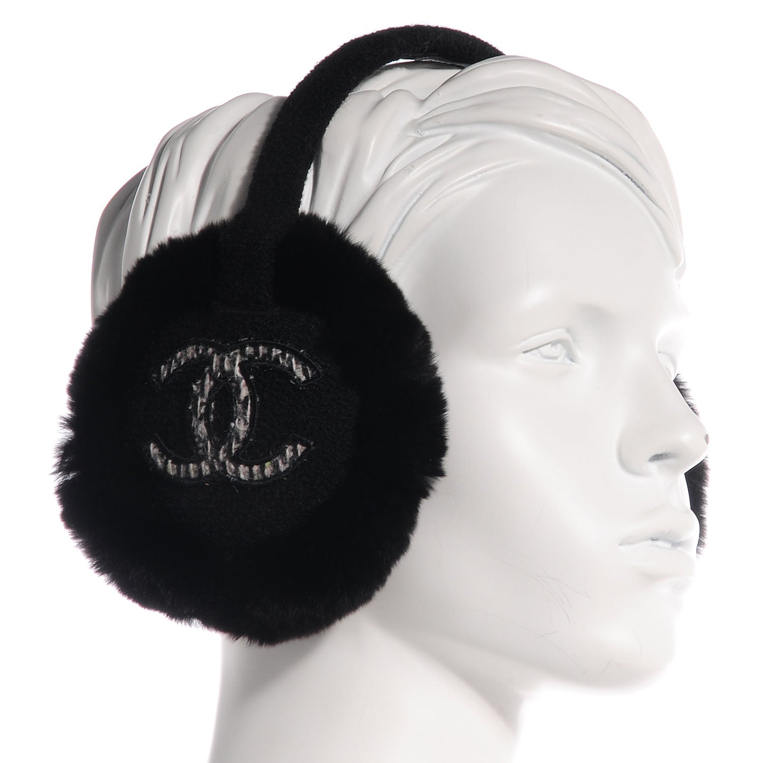 Chanel Orylag Rabbit Wool Tweed CC Ear Muffs Black 3 of 5