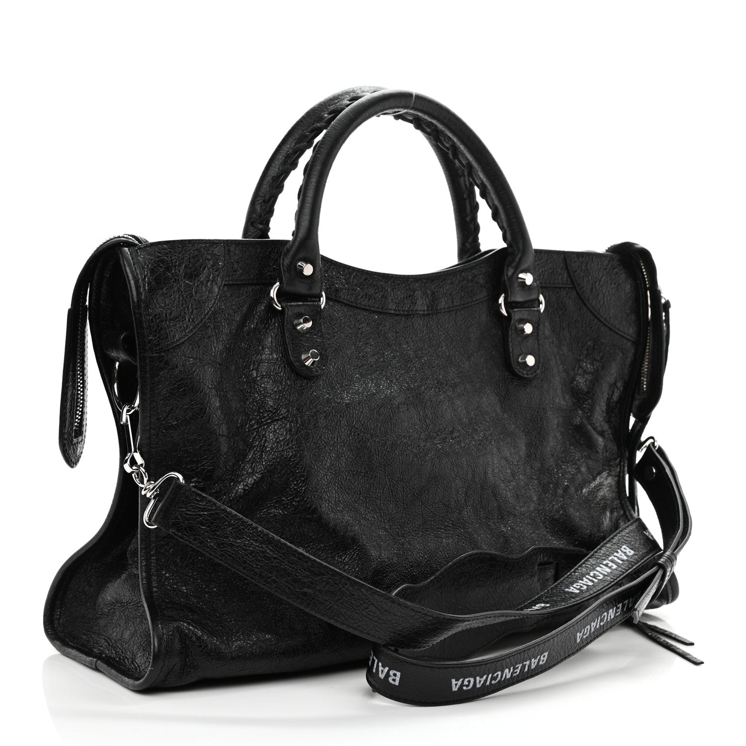 Balenciaga Agneau Classic Silver Hardware City Logo Strap Black White 4 of 9