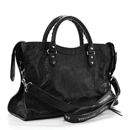 Balenciaga Agneau Classic Silver Hardware City Logo Strap Black White 4 of 9