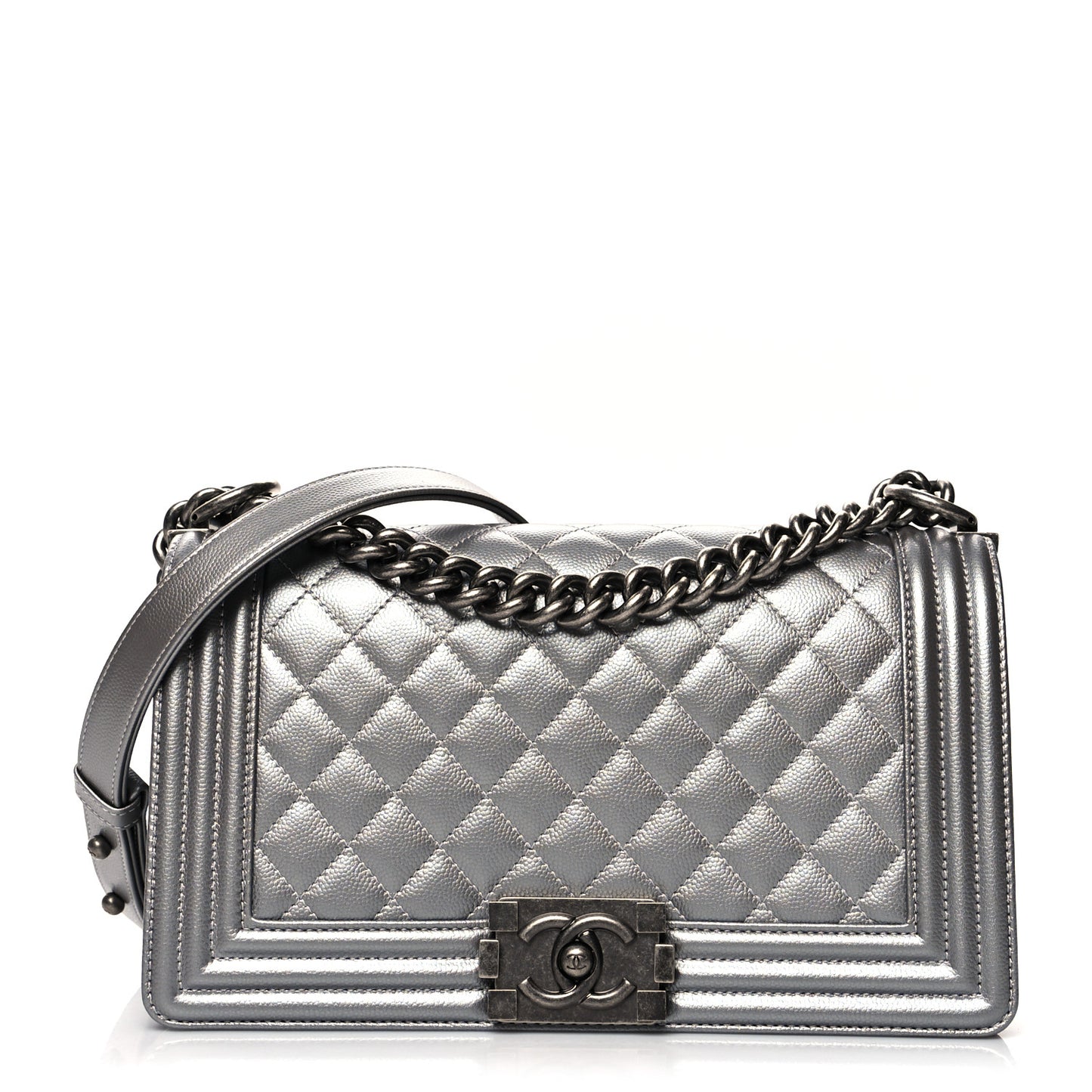 Metallic Caviar Quilted Medium Boy Flap Silver