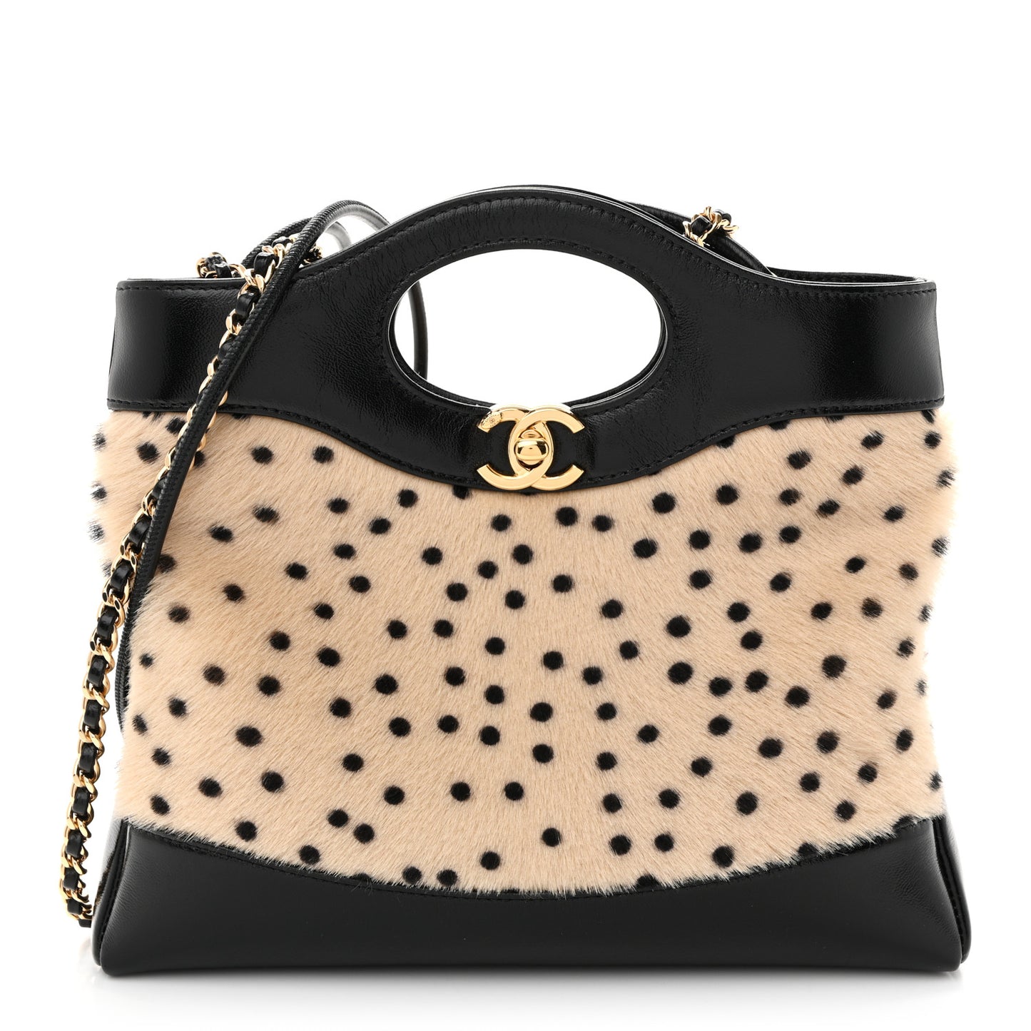 Shiny Lambskin Pony Hair Cheetah Printed Mini 31 Shopping Bag  Light Beige Black Light Beige Black