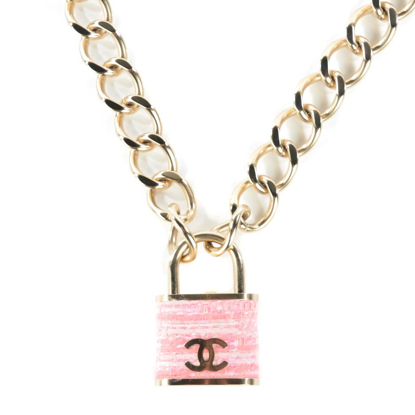 Tweed CC Oversized Padlock Chain Necklace Gold Pink