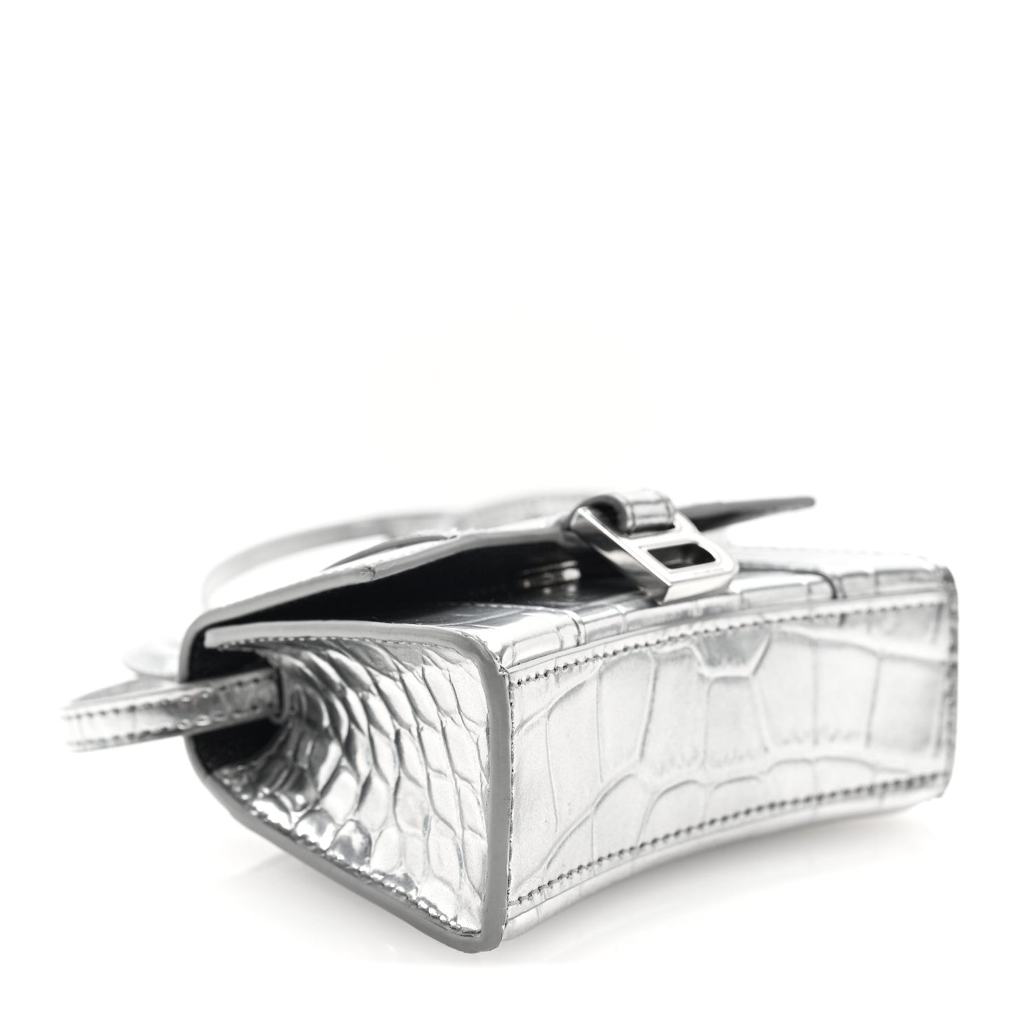 Metallic Calfskin Crocodile Embossed Hourglass Top Handle Bag Mini Silver
