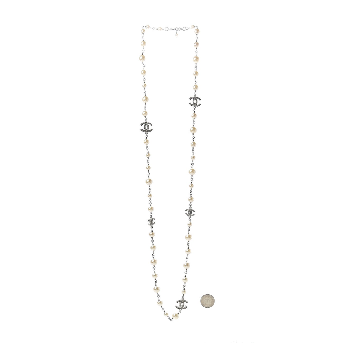 Crystal Pearl CC Long Necklace Gold