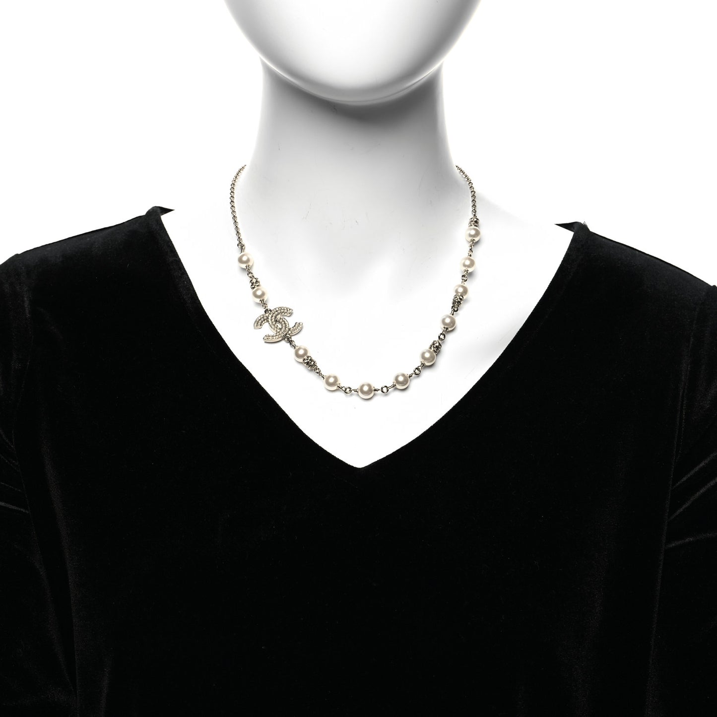 Pearl Crystal CC Necklace Silver