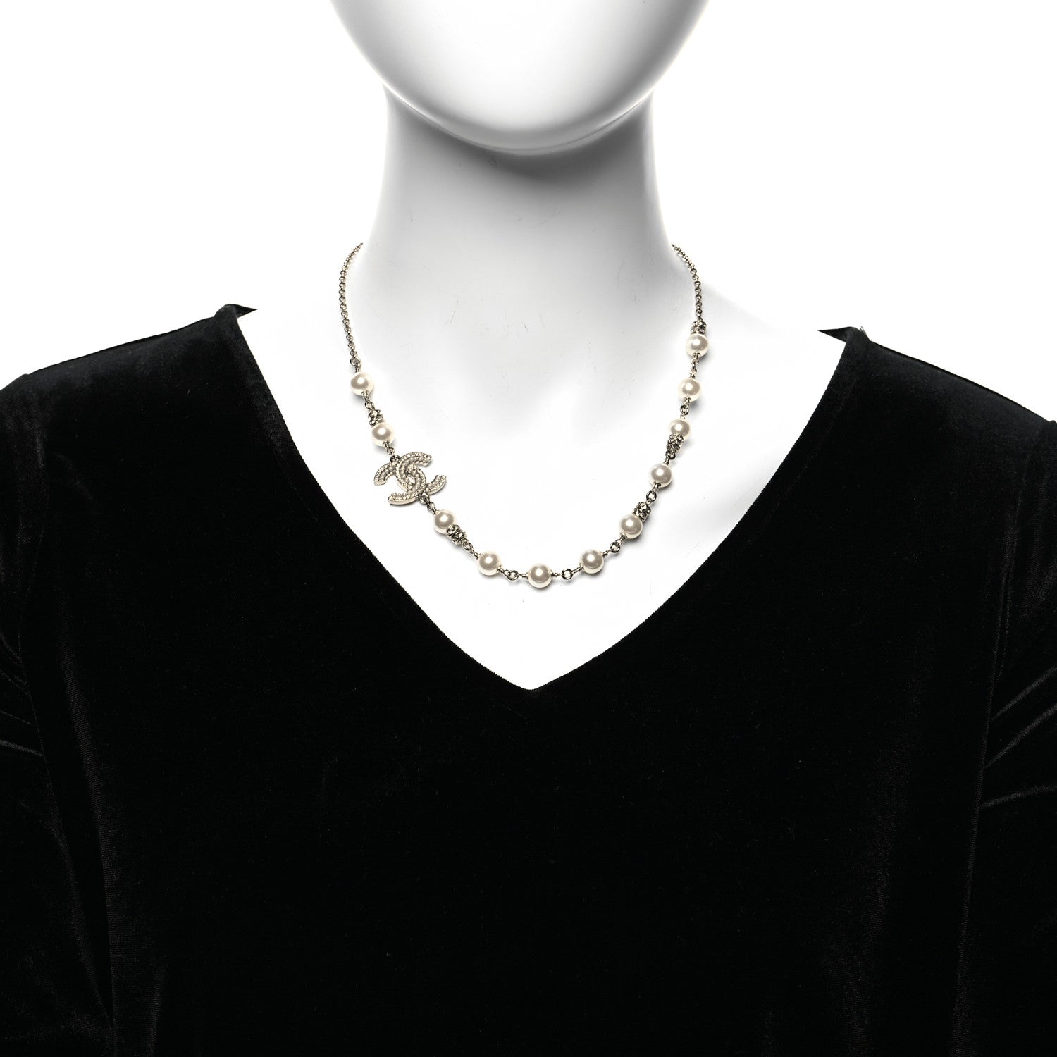Chanel Pearl Crystal CC Necklace Silver 2 of 6