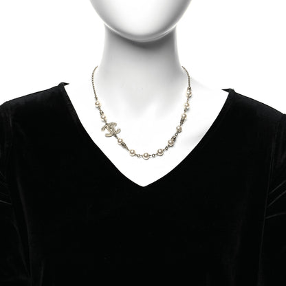 Chanel Pearl Crystal CC Necklace Silver 2 of 6