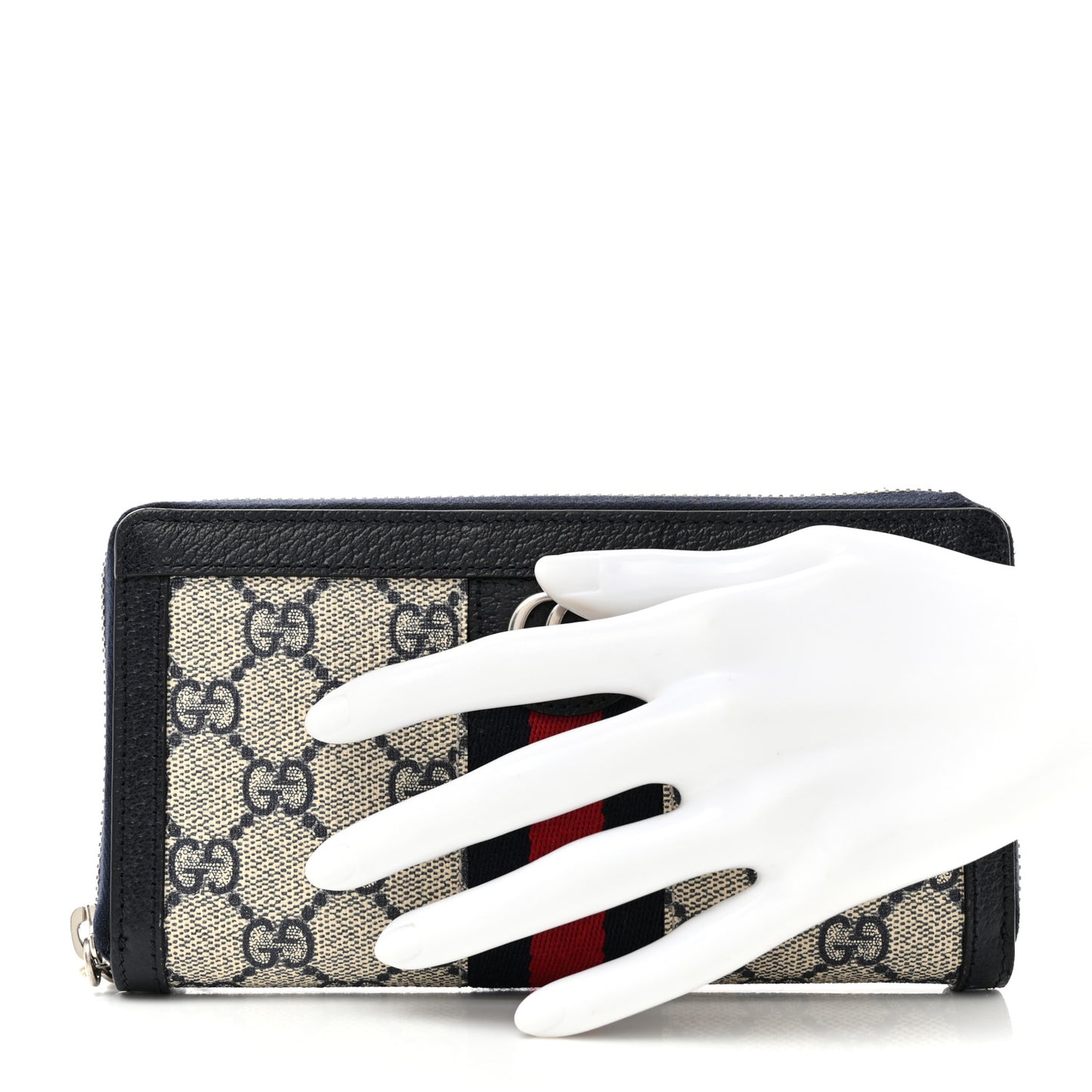 GG Supreme Monogram Textured Dollar Calfskin Web Ophidia Zip Around Wallet Beige Blue