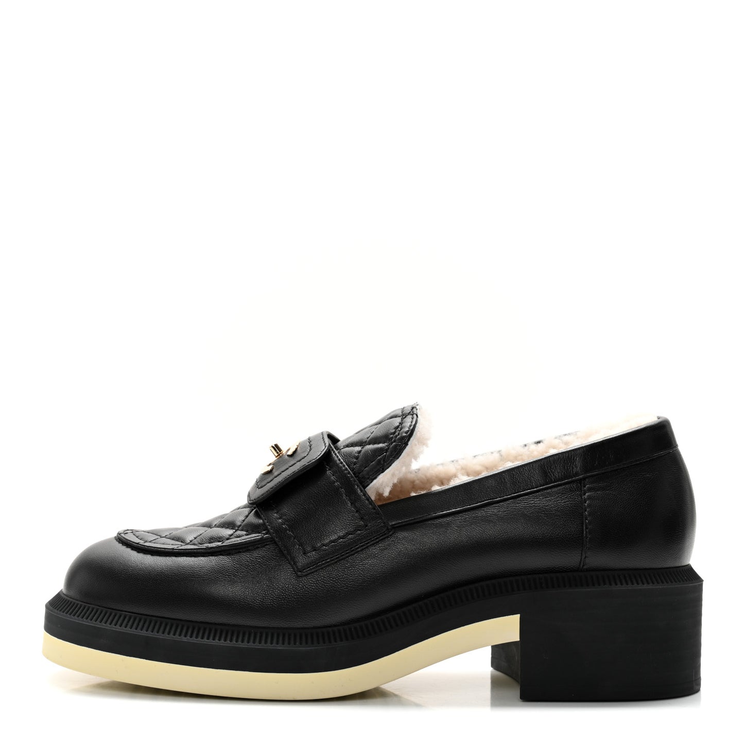 Lambskin Shearling Quilted CC Turnlock Loafers 38 Black