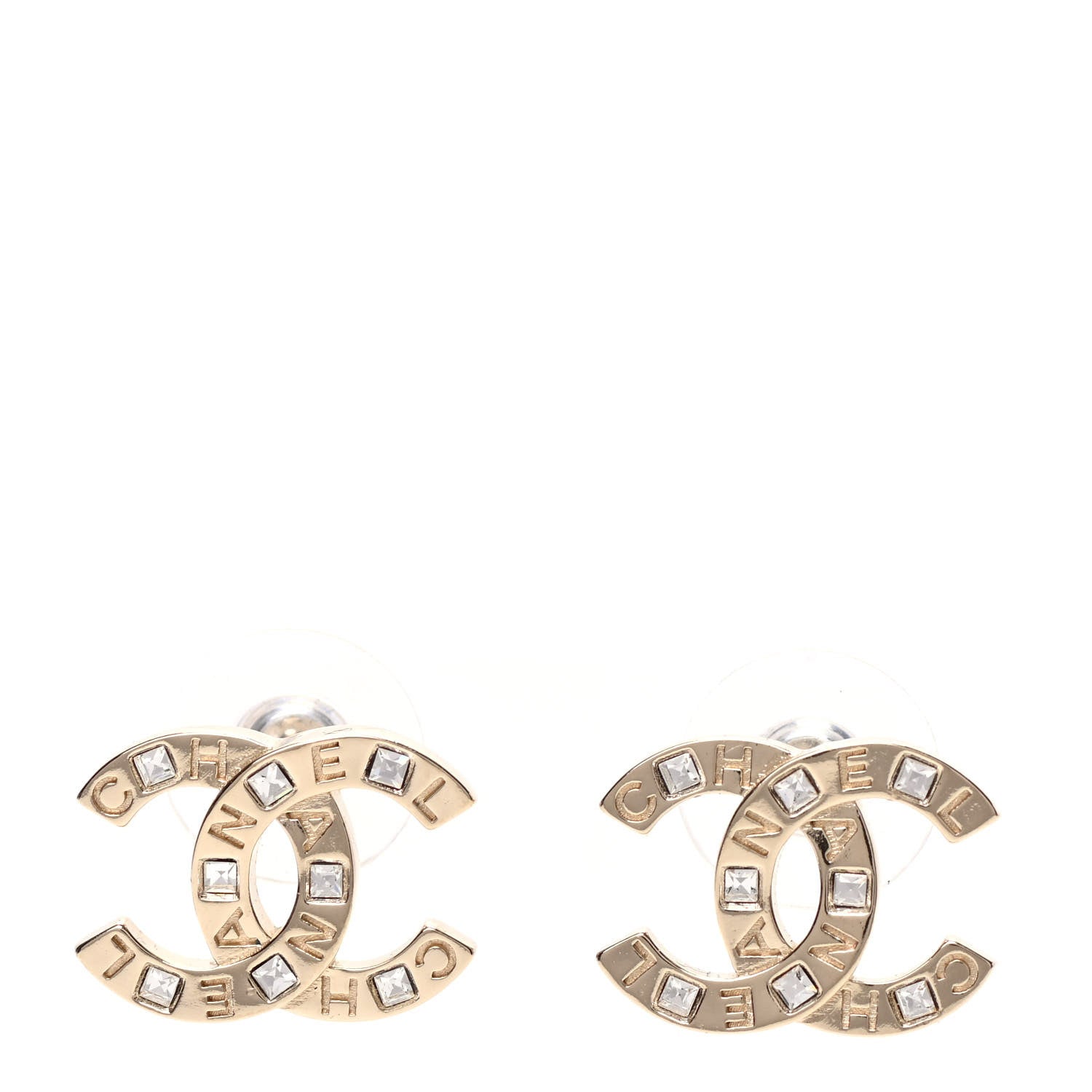 Chanel Crystal Metal CC Paris Button Stud Earrings Gold 1 of 5