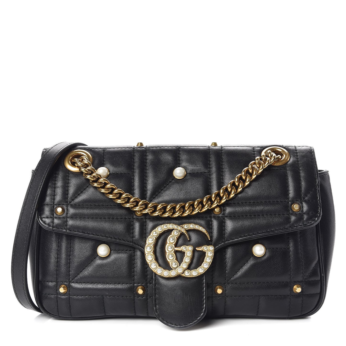 Calfskin Matelasse Studded Small Pearly GG Marmont Shoulder Bag Black