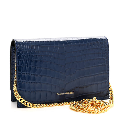 Alexander McQueen Calfskin Crocodile Embossed Skull Mini Crossbody Bag Deep Lapis Blue 3 of 11