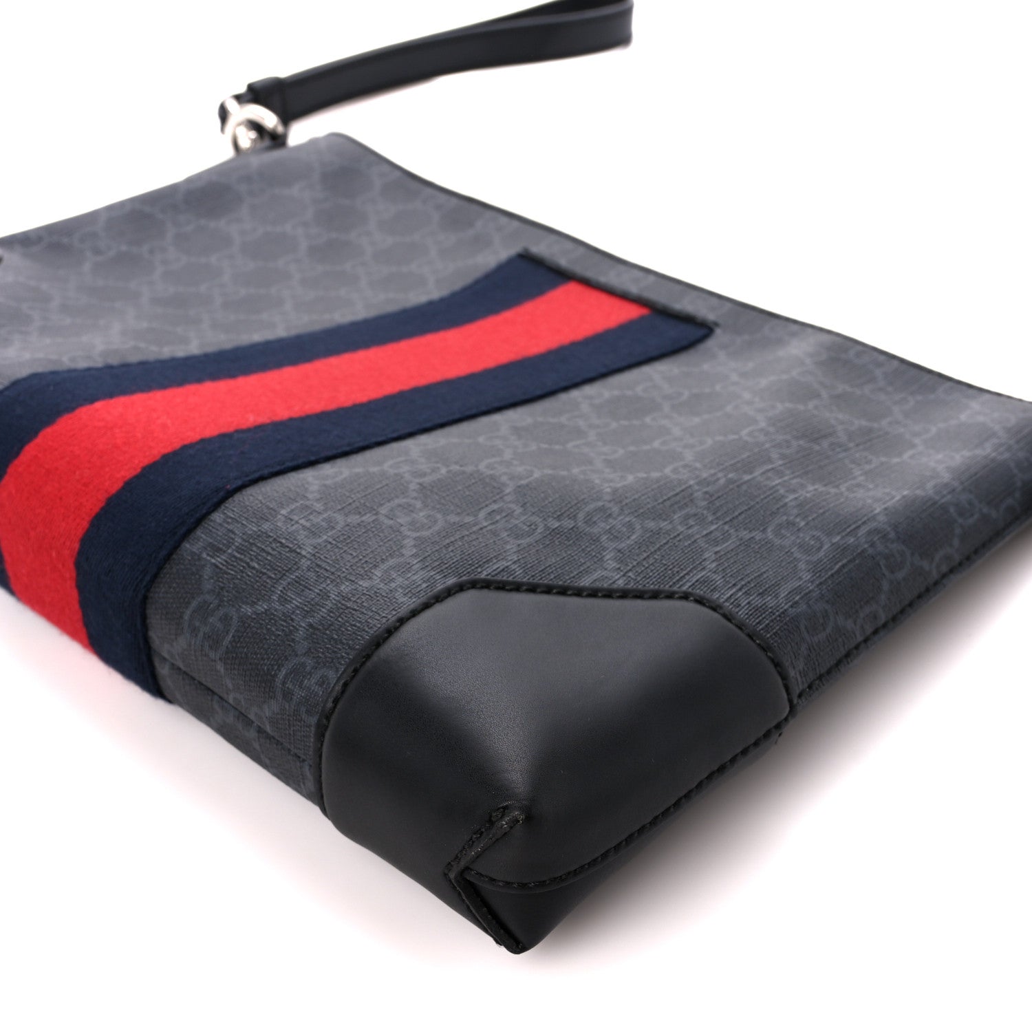 Gucci GG Supreme Monogram Calfskin Web Flat Wristlet Black Grey 12 of 12